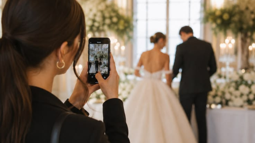 Wedding planner photographiant les mariés pendant la cérémonie pour les réseaux sociaux